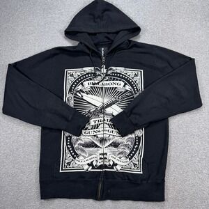 Y2K Billabong Hoodie Men's XL Black Guns For Guns Graphic Zip Up Grunge Y2K